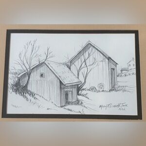Vintage Shed Barn Farm Homestead Drawing Signed Original Art Primitive Rustic